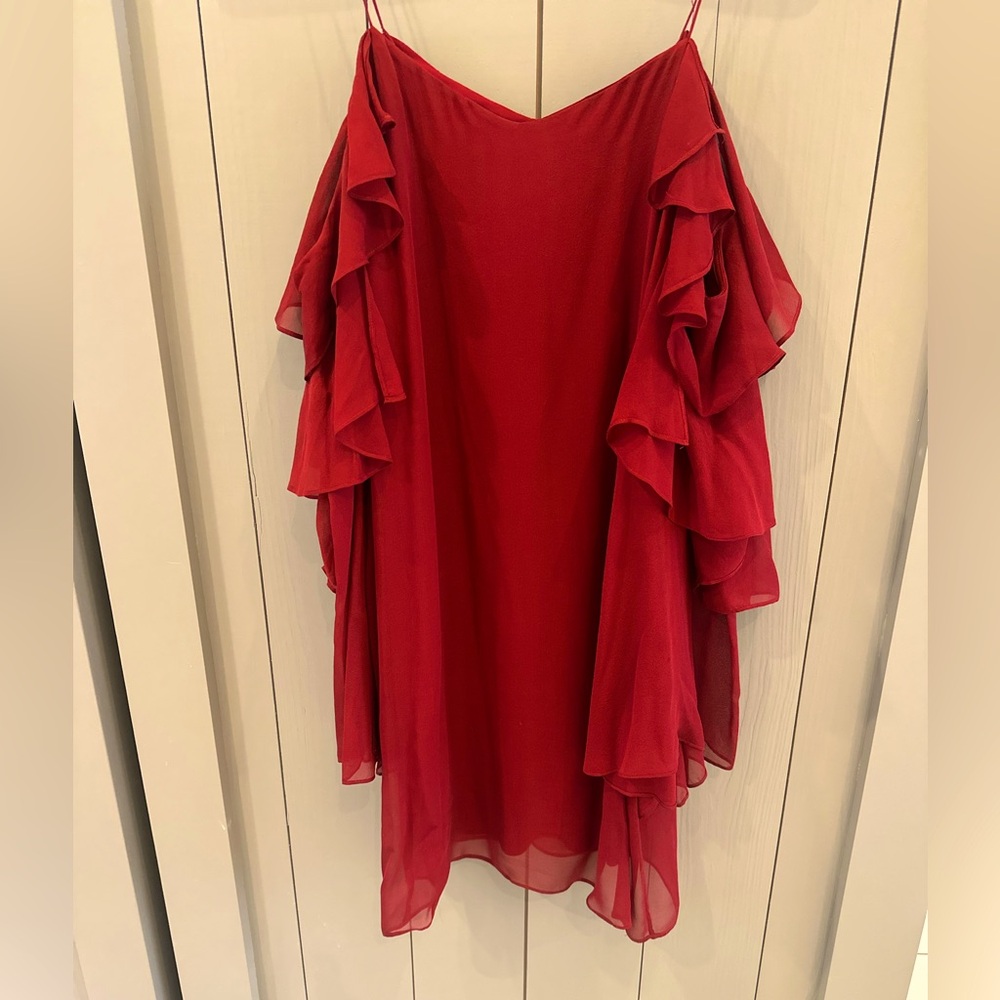 Haute Hippie deep red Silk Cold Shoulder shift mini w butterfly sleeves - SZ6